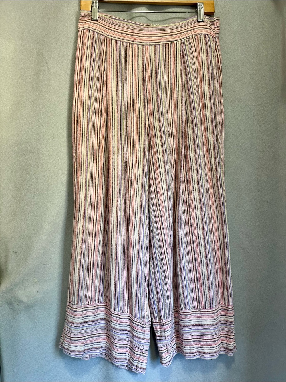 Linen Blend Wide Leg Crop Pants Womens Large Striped Gauze Palazzo Pink Boho
